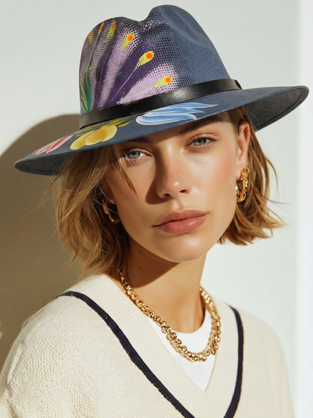 Hand Painted Fedora Hat Floral Art Boho Western Festival Statement Accessory - Picture 2 of 12